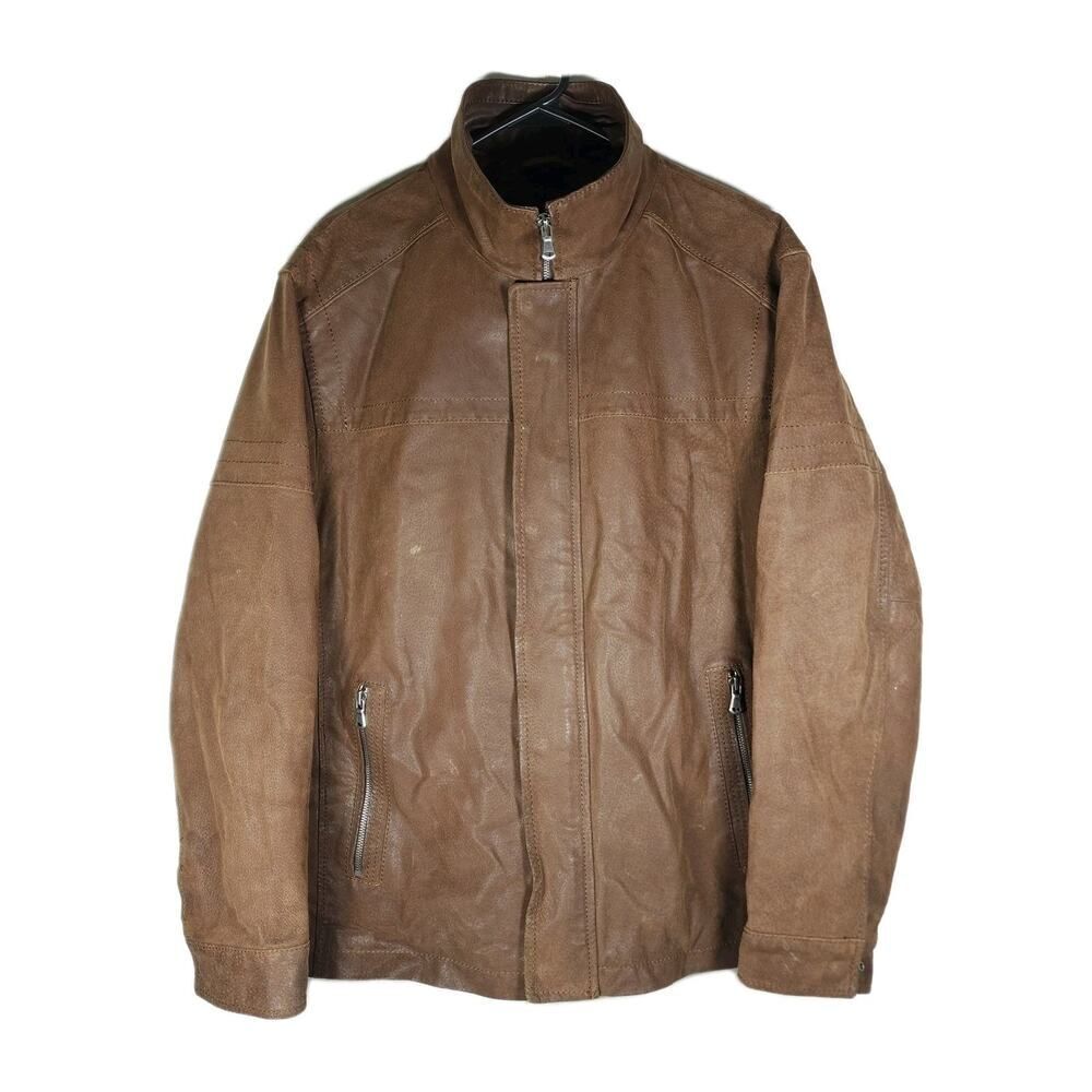 Roundtree & Yorke Men’s VTG Large Brown Genuine Leather Zip Bomber Biker Jacket